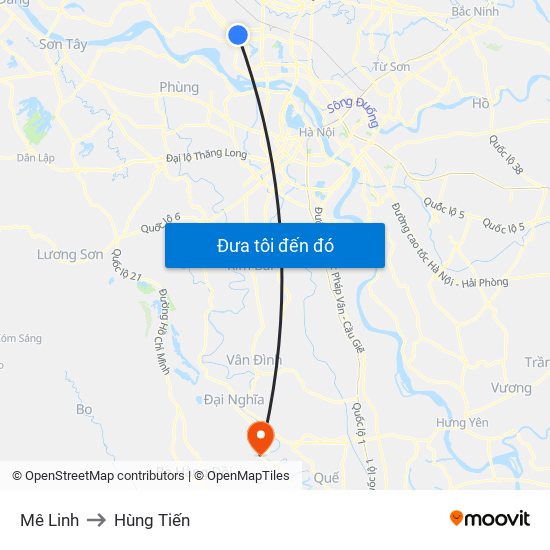 Mê Linh to Hùng Tiến map