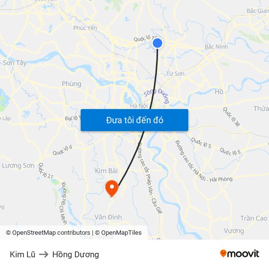 Kim Lũ to Hồng Dương map
