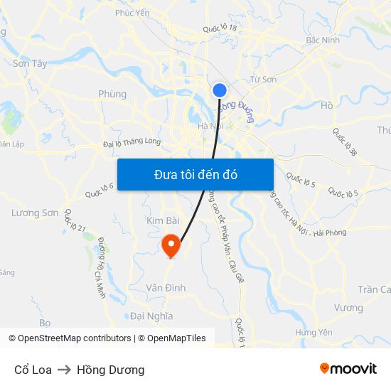 Cổ Loa to Hồng Dương map