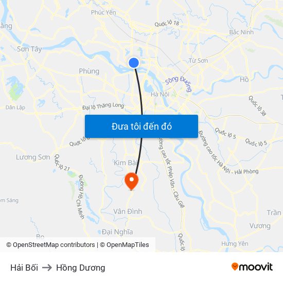 Hải Bối to Hồng Dương map