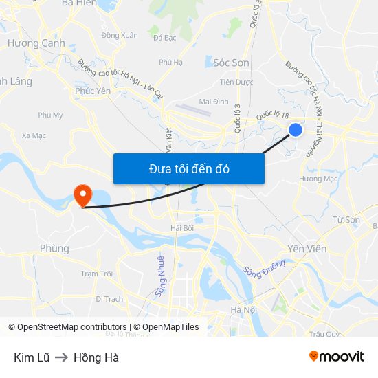 Kim Lũ to Hồng Hà map