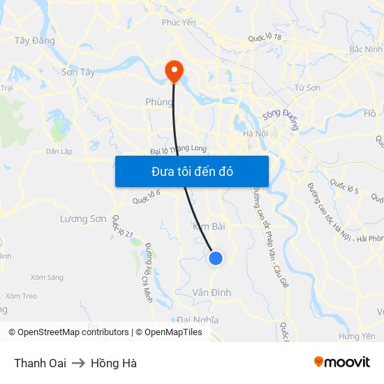 Thanh Oai to Hồng Hà map