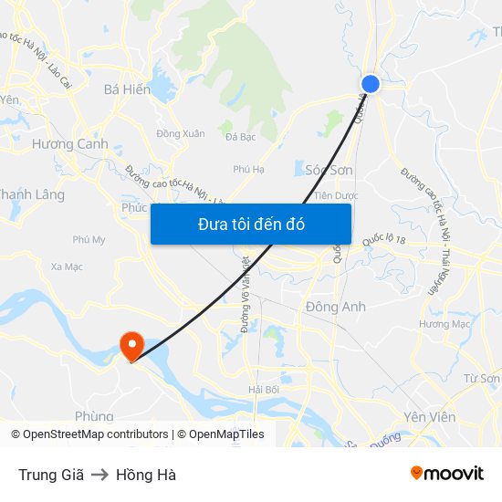 Trung Giã to Hồng Hà map