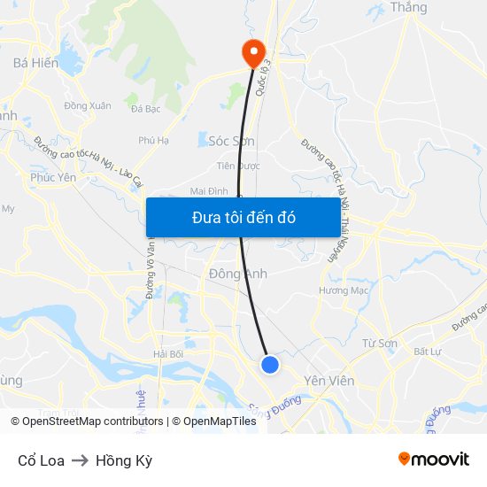 Cổ Loa to Hồng Kỳ map