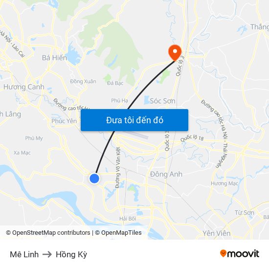 Mê Linh to Hồng Kỳ map