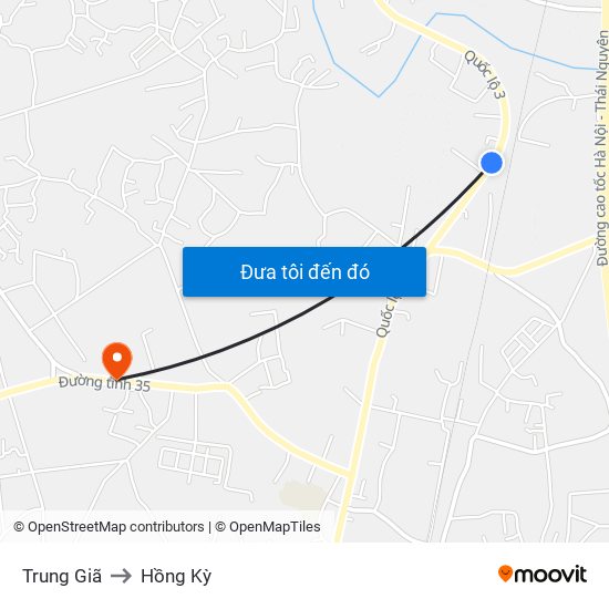 Trung Giã to Hồng Kỳ map