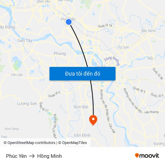 Phúc Yên to Hồng Minh map