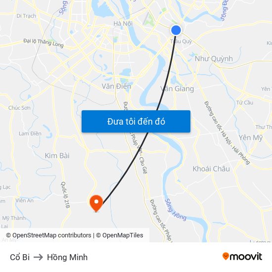 Cổ Bi to Hồng Minh map