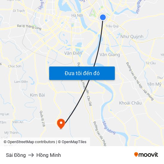 Sài Đồng to Hồng Minh map