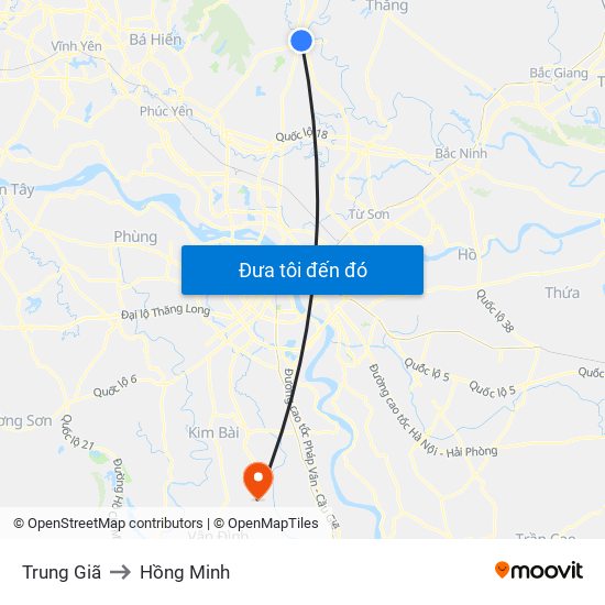 Trung Giã to Hồng Minh map