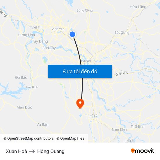 Xuân Hoà to Hồng Quang map