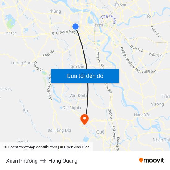 Xuân Phương to Hồng Quang map