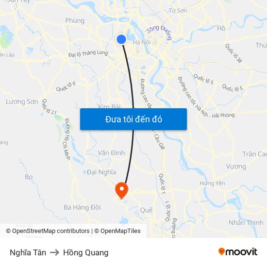 Nghĩa Tân to Hồng Quang map