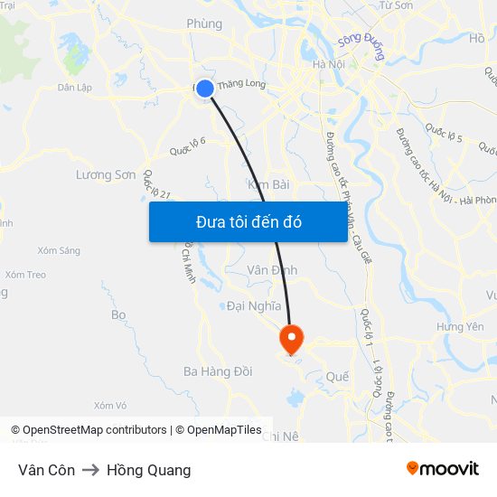 Vân Côn to Hồng Quang map