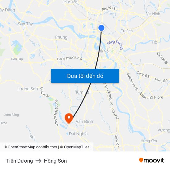 Tiên Dương to Hồng Sơn map