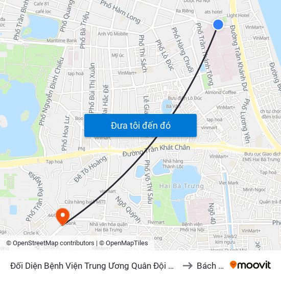 Đối Diện Bệnh Viện Trung Ương Quân Đội 108 - Trần Hưng Đạo to Bách Khoa map