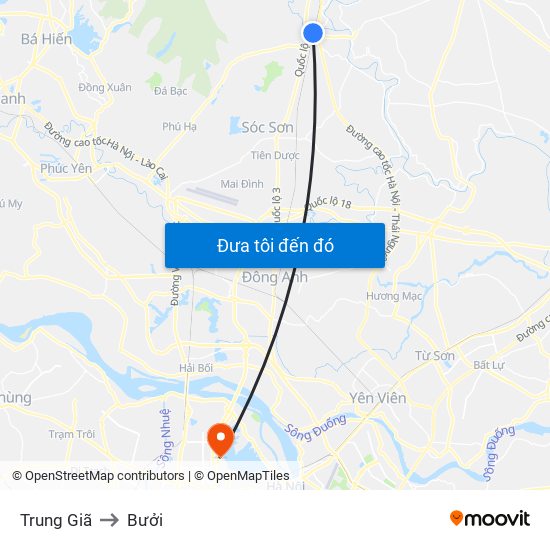 Trung Giã to Bưởi map