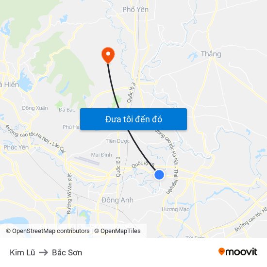 Kim Lũ to Bắc Sơn map