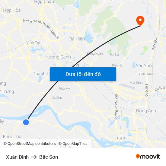 Xuân Đình to Bắc Sơn map