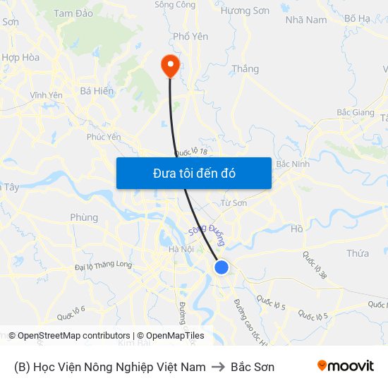 (B) Học Viện Nông Nghiệp Việt Nam to Bắc Sơn map