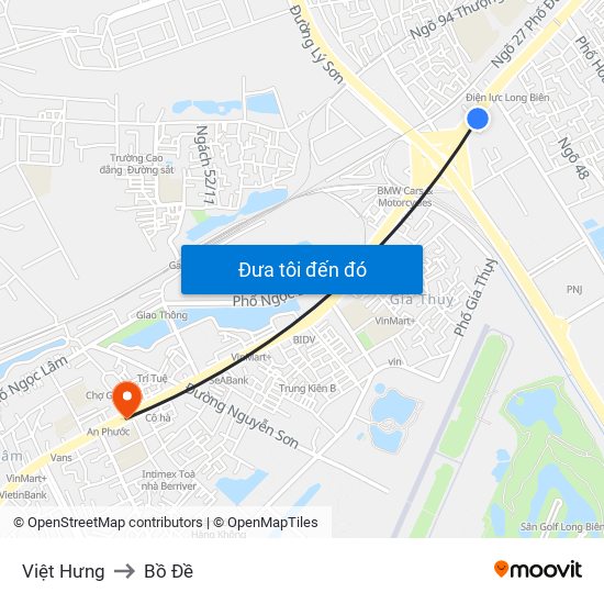 Việt Hưng to Bồ Đề map