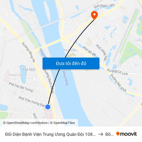 Đối Diện Bệnh Viện Trung Ương Quân Đội 108 - Trần Hưng Đạo to Bồ Đề map