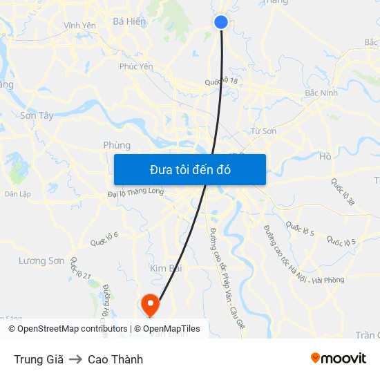 Trung Giã to Cao Thành map