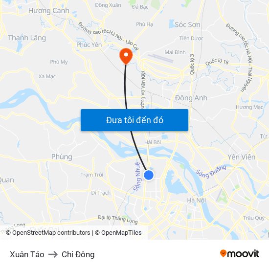 Xuân Tảo to Chi Đông map