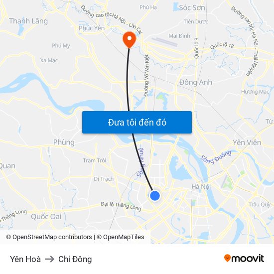 Yên Hoà to Chi Đông map