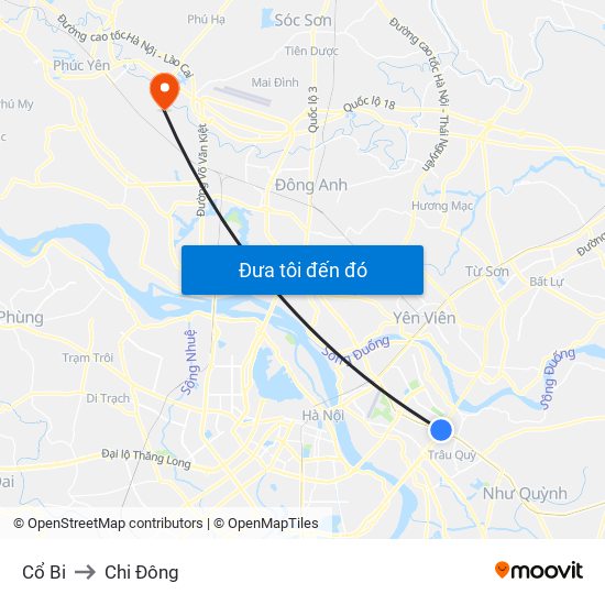 Cổ Bi to Chi Đông map
