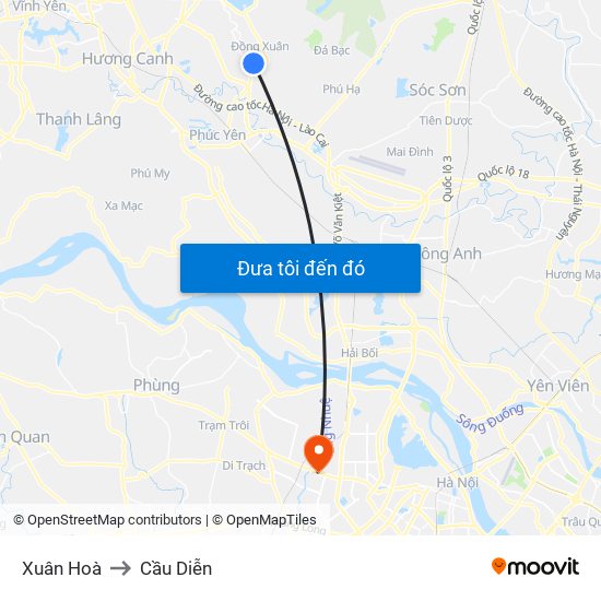 Xuân Hoà to Cầu Diễn map