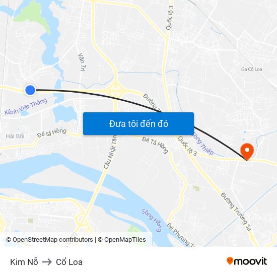 Kim Nỗ to Cổ Loa map