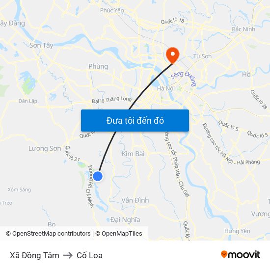 Xã Đồng Tâm to Cổ Loa map