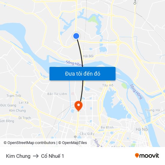 Kim Chung to Cổ Nhuế 1 map