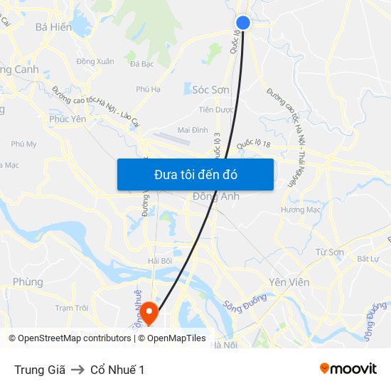 Trung Giã to Cổ Nhuế 1 map