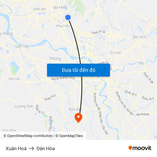 Xuân Hoà to Dân Hòa map