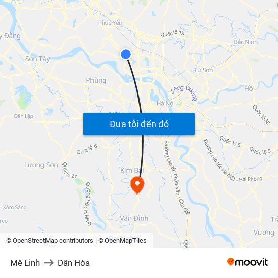 Mê Linh to Dân Hòa map