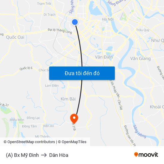 (A) Bx Mỹ Đình to Dân Hòa map