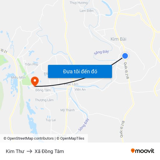 Kim Thư to Xã Đồng Tâm map