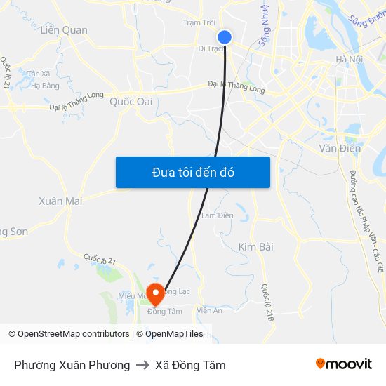 Phường Xuân Phương to Xã Đồng Tâm map