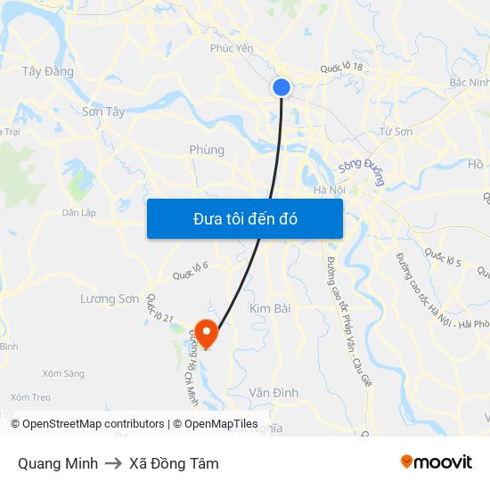 Quang Minh to Xã Đồng Tâm map