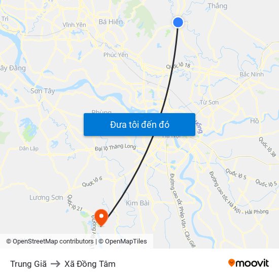 Trung Giã to Xã Đồng Tâm map