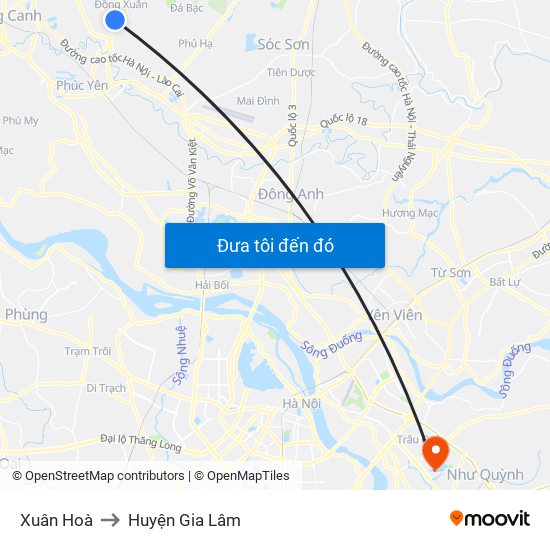 Xuân Hoà to Huyện Gia Lâm map