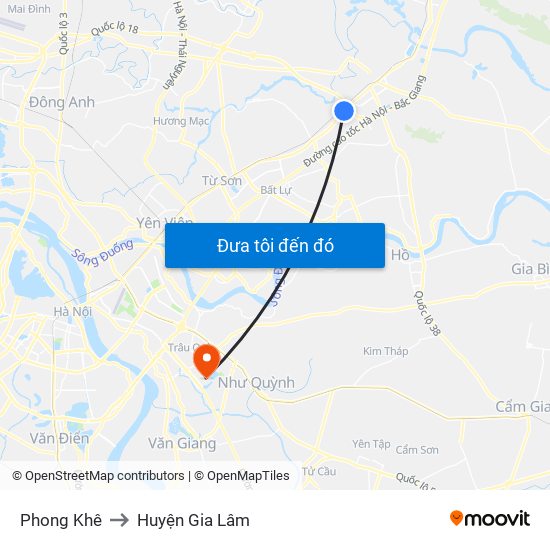 Phong Khê to Huyện Gia Lâm map