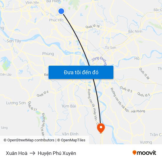 Xuân Hoà to Huyện Phú Xuyên map