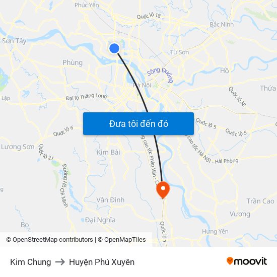 Kim Chung to Huyện Phú Xuyên map