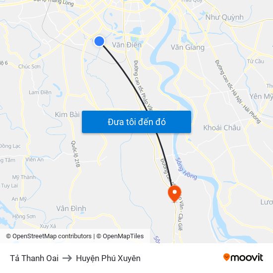 Tả Thanh Oai to Huyện Phú Xuyên map