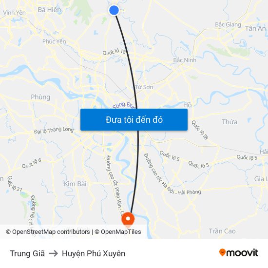 Trung Giã to Huyện Phú Xuyên map