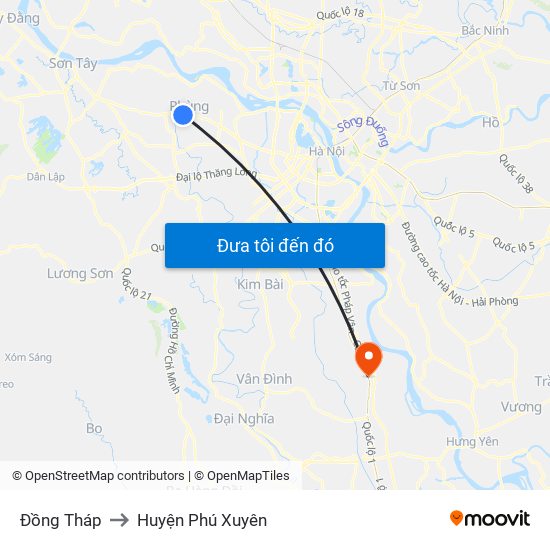 Đồng Tháp to Huyện Phú Xuyên map