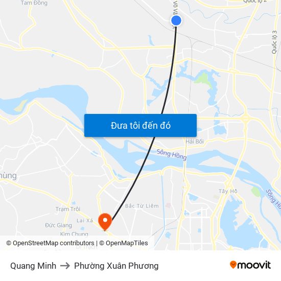 Quang Minh to Phường Xuân Phương map